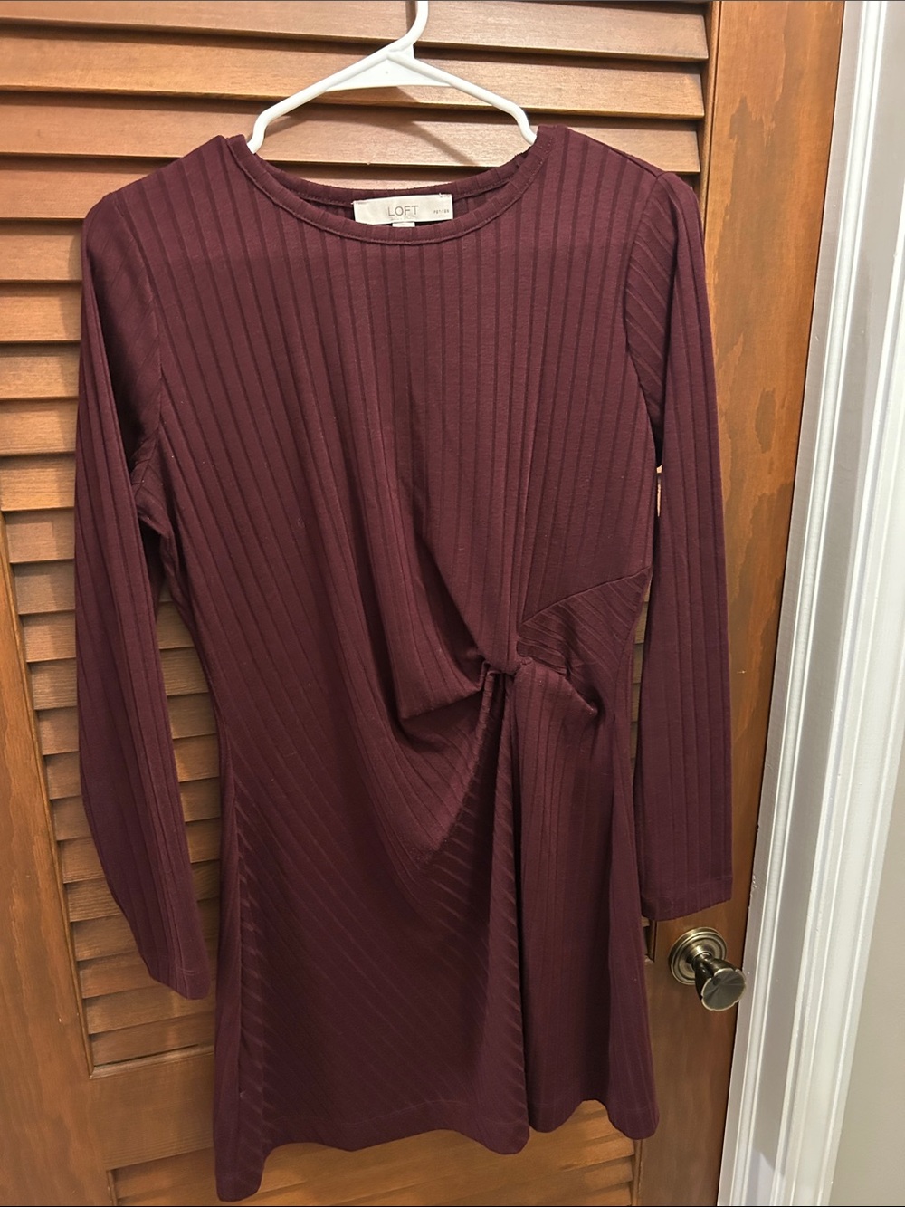 LOFT Long Sleeve Twist-Front Dress in Burgundy